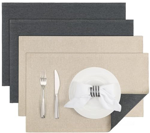 Banchif Tischsets abwaschbar doppelseitig Platzset Platzdecken abwaschbar | Platzsets abwaschbar Leinenimitat 4er Set doppelseitige Tischsets maschinenwaschbar rechteckig Platzdecken (Grau-Beige)