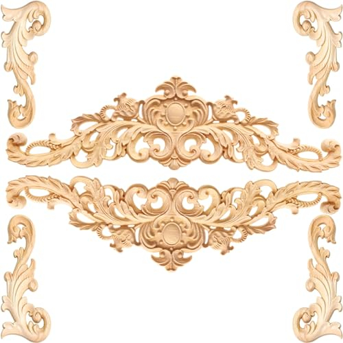 6 Pezzi Fregio Legno, Fregi in Legno Decorativi per Mobili, Decorazioni in Legno, Decorazioni in Legno Per Pareti, Letto, Porta, Finestra(4 Ornamenti d'Angolo, 2 Ornamenti in Legno a Parete Lunga)