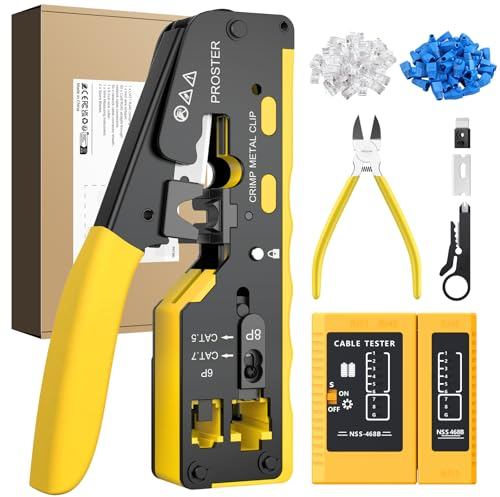 Proster Kit de Crimpadora RJ45 con Comprobador de Cables Pelacables Herramienta de Crimpado para 8P RJ45 Cat6 Cat5 Cat5e con 50PCS Conectores Pasantes y Fundas para Mantenimiento y Reparación de Red