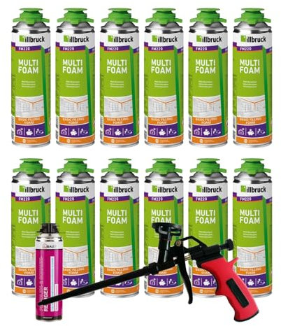 FM220 Lot de 12 mousses de construction, de montage, pour fenêtre, haute isolation phonique, isolation thermique, 500 ml, avec nettoyant AA290 + pistolet à mousse Business