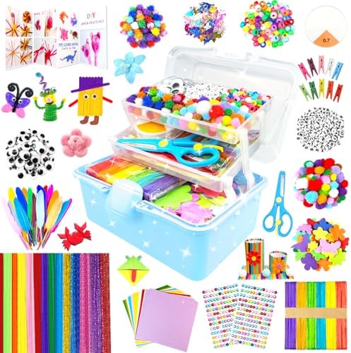 3000 Bastelset Kinder Basteln Bastelkoffer mit Pfeifenreiniger Bastelsets für Kinder im Alter von 4-6, 6-8, 8-12 DIY Schulbedarf Material Bastelbox Set Spielzeug Geschenke für Mädchen Jungen, Blau