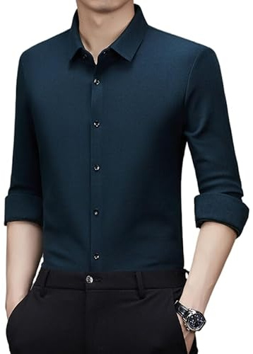 Men's Shirts Long Sleeve Formal - Men's Cashmere Dress Shirt Formal Stretch Wrinkle-Free Long Sleeve Slim Fit Button Down Shirts for Wedding Party Blue M