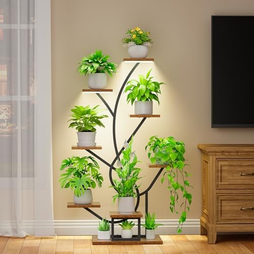 BACEKOLL Soporte para plantas con luz de crecimiento, 8 niveles, 126 cm, metal y madera, estantería para plantas para interior y exterior, color negro