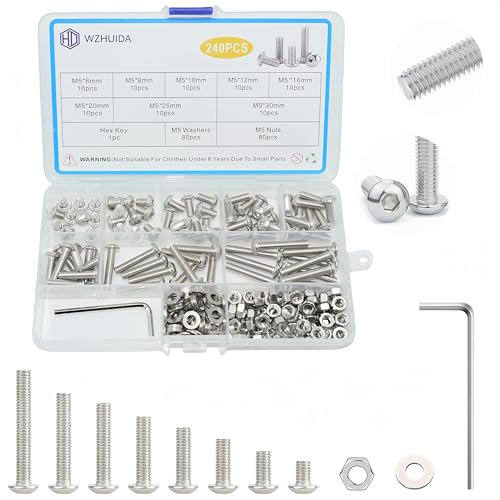 WZHUIDA 240 Stück M5 Schrauben Set, Edelstahl Linsenkopf Metrisch Innensechskant Muttern und Unterlegscheiben Sortiment, Gewindemaschinen Sechskantschrauben