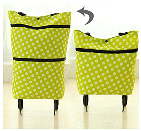 Faltbare Einkaufstasche mit Rädern für Lebensmitteleinkäufe, tragbare Trolley-Tasche für Gemüse und Lebensmittel (kleine grüne Punkte)