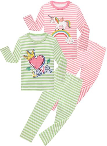 SOIBEEN Girls Pyjama Set Long Sleeve T-Shirt & Pants Loungewear Unicorn Pink Striped Green Striped PJs for Kids Sleepwear Pyjama Nightwear 3-4 Years