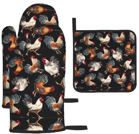 Juego de 3 manoplas de horno y soportes para ollas, diseño de gallos franceses, guantes de cocina resistentes al calor