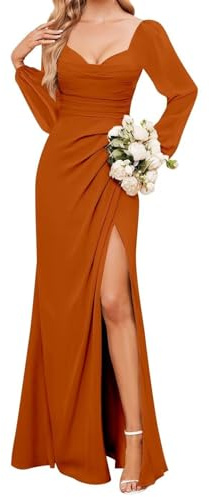 KURFACE Vestido de dama de honor de manga larga para mujer, con abertura, plisado, de gasa, vestido formal, Naranja Quemado, 34