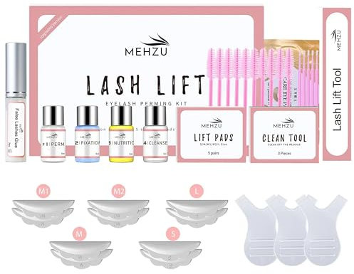 MEHZU Lash Lift Kit – Professional Eyelash Perming Kit with Extra Strong Lash Glue, Perm & Setting Lotions, Nourishing Oil, Cleanser, Lift Pads & Tools for Salon and Home Eyelash Curling