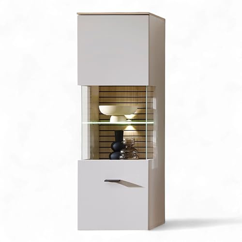 Stella Trading INA Hängevitrine in Kaschmir, Riva Eiche Optik FSC-Zertifiziert - Moderner Hängeschrank mit LED-Beleuchtung und viel Stauraum - 40 x 124 x 36 cm (B/H/T)