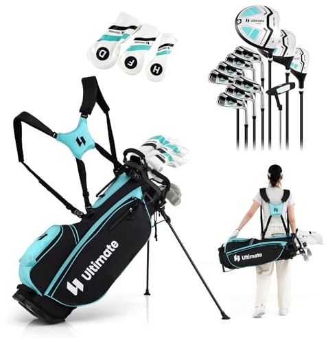 COSTWAY Set Completo di Mazze da Golf con Sacca a Treppiede, Include con Driver 1 da 460CC, Legno 3, Ibrido, Ferri 5, 6, 7, 8, 9, P, S, Putter e Copertura Antipioggia per Destrimani