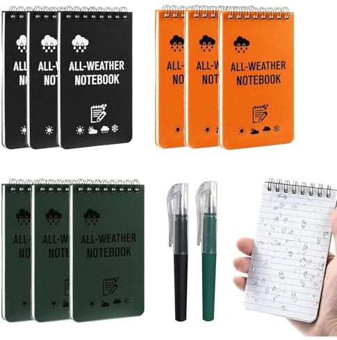 Mfqire Mini Wasserdichtes Notizbuch A7 Klein, 9 Stück mit 2 Stiften | 3 Farben, wasserfestes Papier, Pocket Reporterblock mit Raster, Skala und Spiralbindung für Outdoor, Baustelle und Reisen