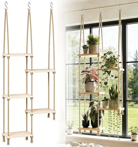FTISSLY Hängeregal Pflanzen Holz Pflanzenregal Hängend mit 5 Etagen | Pflanzenständer Wandregal Makramee Regal Wand Hängende Pflanzenaufhänger Schweberegal für Wanddeko Wohnzimmer Balkon Fenster