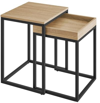 Couchtisch 2er Set für Wohnzimmer – Beistelltische im Loft-Design, ineinander schiebbar, Sofatische aus Holzwerkstoff und Metall, platzsparend, 45 x 40 x 55 cm und 40 x 38 x 51 cm (Sonoma Eiche)