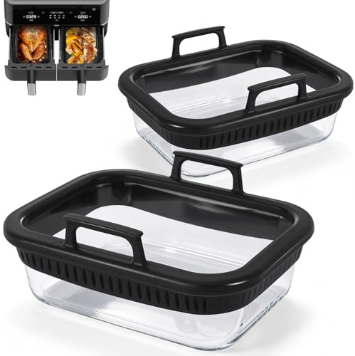 YIIFELL 2 Pezzi Teglie per Friggitrice Ad Aria per Ninja, Accessori Friggitrice ad Aria Vetro con Anello in Silicone Estraibile, BPA-Free, Resistente Al Calore, Pulizia Della Lavastoviglie