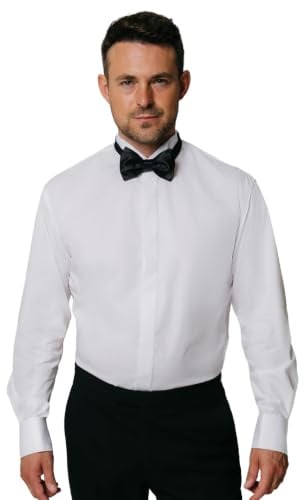 Dobell Mens White Tuxedo Dress Shirt Regular Fit Wing Collar Double Cuff Plain Fly Front