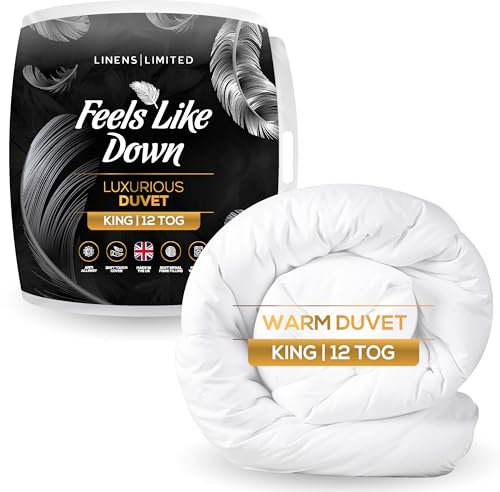 Linens Limited King Size Duvet 12 Tog, Made in the UK, Feels Like Down, Luxurious Quilt, Soft and Comfy, Ultra-Fine Siliconised Hollowfibre, Machine Washable (White)
