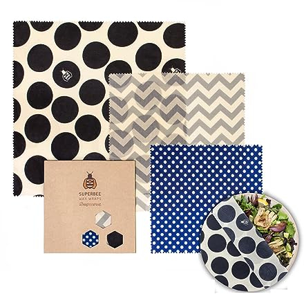 SuperBee Wax Wraps Set 3 Beeswax Wraps in den Größen S,M & L Hipster Wiederverwendbar, Umweltfreundlich und Ethisch hergestellt. 20 x 20 cm, 26 x 26 cm, 33 x 33 cm