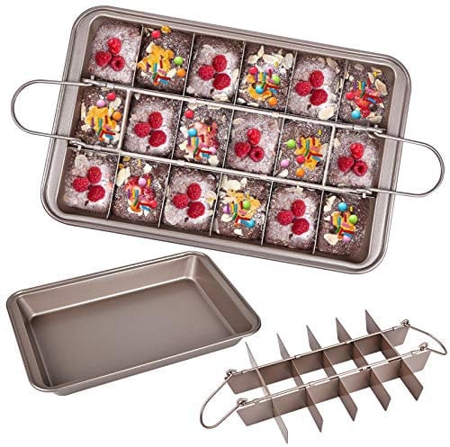 Brownie Pan with Dividers, Divided Non Stick Edge Brownie Pans with Grips Slice, Bakeware Cutter Tray Molds Square Cake Fudge Pan with Built-in Slicer lid for All Oven Baking, 12X8 Inch Champagne Gold
