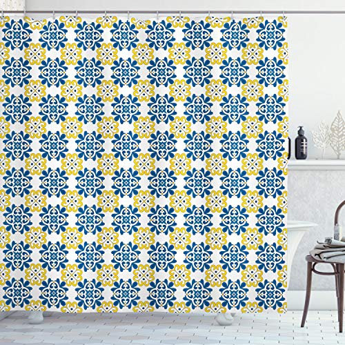 ABAKUHAUS Spanisch Duschvorhang, Portugiesisch-Mosaik-Fliesen, Stoffliches Gewebe Badezimmerdekorationsset mit Haken, 175 x 220 cm, Weiß Blau Gelb