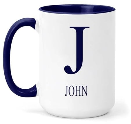 grabmybits John Personalized Initial Mug - Custom Name Ceramic Cup for Tea or Coffee Gift - Navy
