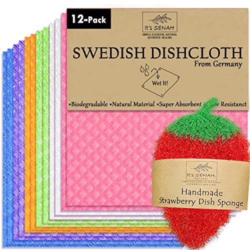 [12Pack+1Loofah Dish Sponge] 100% Natural Biodegradable Swedish Dishcloths for Kitchen | No-Discoloration, No-Odor, Super Absorbent Dish Sponge | Paper Towel Replacement.