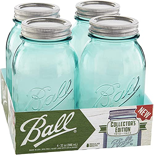 Ball 4 Pack Aqua Color Series Wide Mouth Mason Jars, 32 oz Glass Storage Jars, Cylindrical Shape, 4 Count