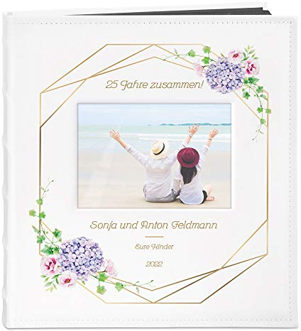 Maverton Fotoalbum zum Selbstgestalten mit Bildausschnitt + mit Aufdruck - für 240 Fotos 10x15-60 schwarze Seiten - Größe 33x30cm - Weiß - Geschenk zur Hochzeit zum Hochzeitstag - Silberhochzeit