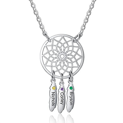 ALBERTBAND Personalisierte Namenshalskette Anhänger Dream Catcher Chain Choker Gravur 1-7 Namen für Frauen Dream Catcher Halskette mit Geburtssteinen (3 names)
