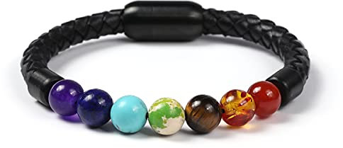 FANCIME Herren Echt Leder Armband 7 Chakra Perlen Geflochtene mit Magnet Verschluss Schmuck Geschenk für Männer Junge - Länge 21 cm