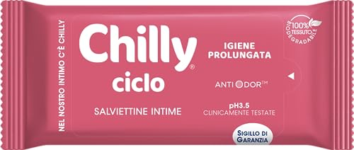 Chilly Zyklus-Reinigungstücher, Intima-Hygienetücher, 100% biologisch abbaubar, ideal für Außenhaus, PH 3.5, klinisch getestet, 12 Stück