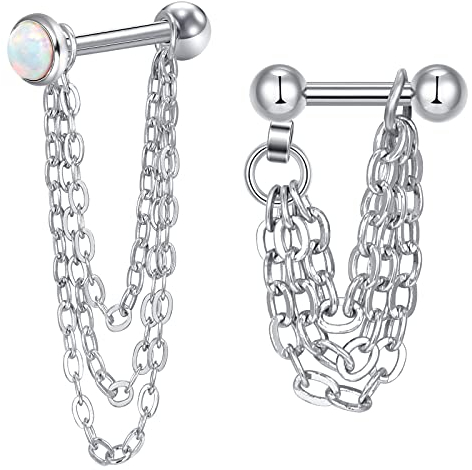 LAURITAMI 2stk 16G Ohrstecker mit Kette Chirurgenstahl Knorpel Tragus Helix Ohrpiercing Cartilage Stab Doppel Kette Dangle