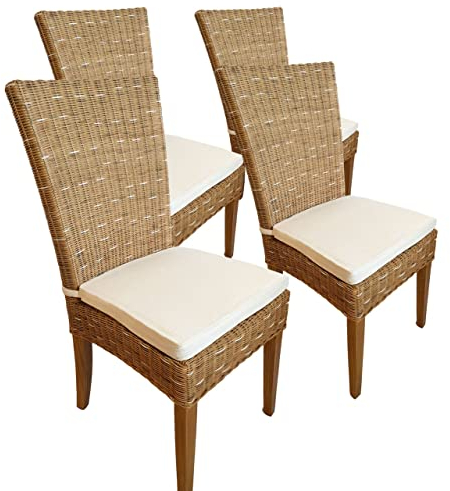 kreatives Wohnen Esszimmer Rattanstühle Wintergarten Korbstühle Cardine 4 Stück Stuhl Capuccino mit Sitzkissen, Holz, Extra breit