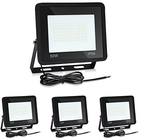 Izrielar 4er 50W LED Aussen Strahler, 4225LM Superhell 6000K KalteWeiß Außen Flutlicht Scheinwerfer, IP66 Wasserfest Aussenstrahler Tageslichtweiß Außenbeleuchtung für Gartenbeleuchtung Wegbeleuchtung