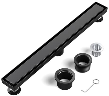 24 Zoll Linear Duschablauf, CIFOX Schwarz Rechteckiger Bodenablauf mit 2-in-1 Flieseneinsatz Gitter Abnehmbarer Abdeckung, Professioneller gebürsteter 304 Edelstahl CUPC zertifiziert