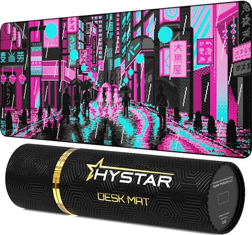 Hystar® Erweitertes Gaming-Mauspad, XXL, 91,4 x 40,6 cm, 5 mm dick, wasserdichte Oberfläche, glattes Polyestergewebe und Unterseite aus Naturkautschuk, Retro-Tokio (Pink und Blaugrün)