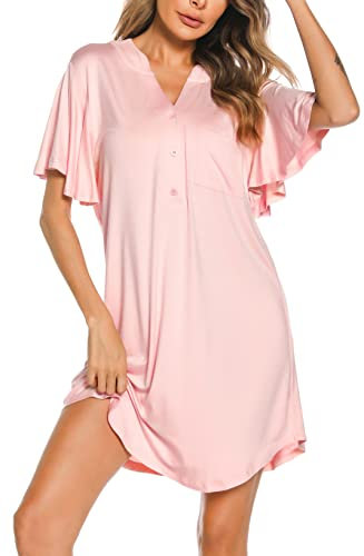Wikoan Chemise de Nuit Femme Nuisette en Modal Col V Couleur Unie Liquette Chemises de Nuit Été Femmes Manches Courtes Vêtements de Nuit Rose XL