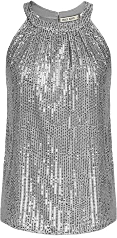 Damen Pailletten Loose Fit Tops Rundhals Bluse Casual Tank Top T-Shirt Silber Grau M CL1792A22-04