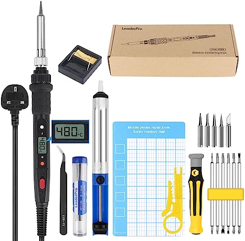 LeaderPro 80W Soldering Iron Kit Upgraded ON/Off Switch+LCD Visible Welding Tools with Adjustable Temp 180-480°C, Soldering Iron Stand, 28 in 1 Kits for Welding/Soldering/Desoldering/Repair/DIY