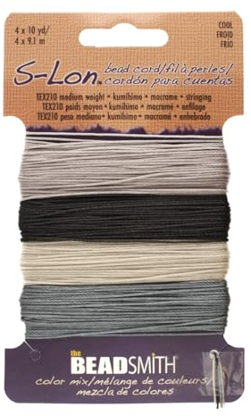 The Beadsmith S-Lon #18 Nylonschnur, Cool Neutrals Mix, Tex210 Schnur, 0,5 mm Durchmesser, 9,1 m pro Farbe, ideal zum Auffädeln von Perlenstickerei, Häkeln und Mikro-Makramee-Schmuck, kompatibel mit