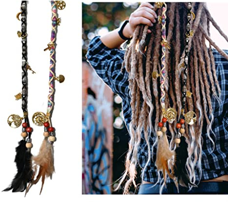 Nutty Natte Lot de 2 extensions de cheveux hippies, dreadlocks, pinces à cheveux, plumes et perles, pendentifs, accessoires colorés pour dreadlocks et boucles