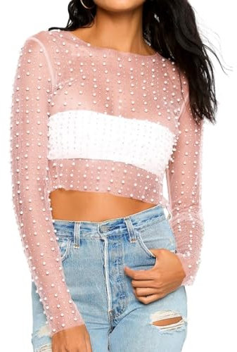 Naileksi Women Pearl Rhinestone Sheer Mesh Crop Top Sexy See Through Long Sleeve Slim Fit Cropped Blouse Shirt Clubwear, Light Pink, L
