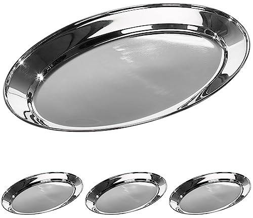 HENDI 404201 Serviertablett, Oval, Catering, Sandwichplatte, Tablett Edelstahl, 300x220mm, Edelstahl,Silber (Packung mit 4)
