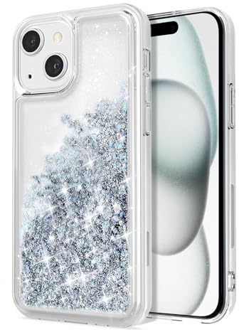 WORLDMOM hülle für iPhone 15 Hülle, klare Bling fließende Flüssigkeit, schwimmend, funkelnd, bunt, glitzernd, Wasserfall, TPU-Schutzhülle, kompatibel mit iPhone 15 [6,1 Zoll 2023], Silber