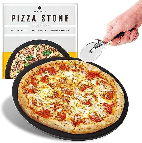 Fifth Ave Kraft Pizza Stone, 15 inch Ceramic Baking Stone for Oven, BBQ and Grill with Pizza Cutter