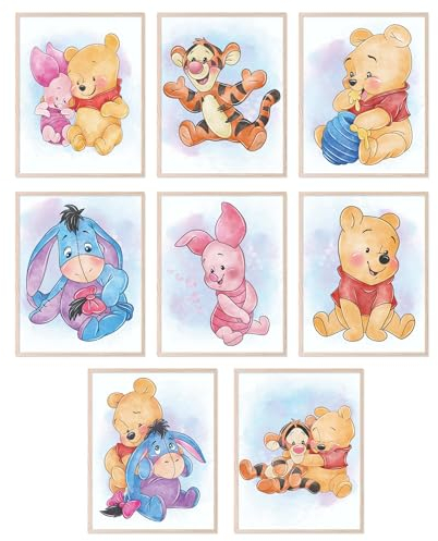 BigWig Prints Winnie-Puuh-Kinderzimmer-Dekor, Wandkunst, Kinderzimmer-Wand-Dekoration, Posterdrucke für Klassenzimmer, Ferkel, Tigger, Kaninchen, I-Ah, Geschenke, ungerahmt, 8er-Set (20,3 x 25,4 cm)