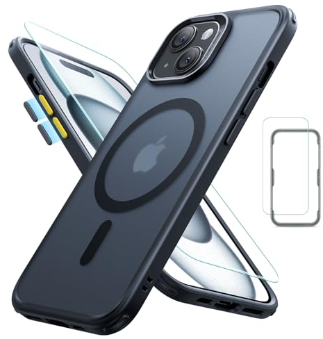 ESR für iPhone 15 Plus Hülle Set (5 in 1), durchscheinende Matte Hülle mit Displayschutzfolie und Kameraschutz, kompatibel mit MagSafe, Militärnorm Schutz, Classic Serie, Mattiertes Schwarz