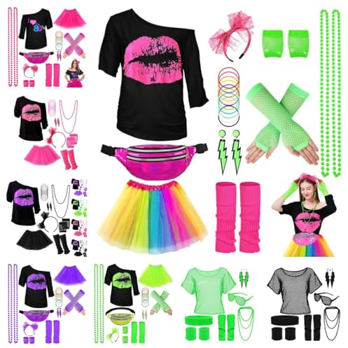 BBring 90er Jahre Outfit Damen,80er Jahre Damen Kostüm - buntes Tutu Haarreif und schwarzes neon Shirt - Größe S-XXL - Ballet Fasching Karneval Tüll Rock kurz(Black, M) Neon Leggings Damen 80er