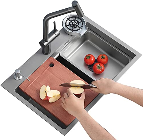 Fregaderos SilteD, Fregadero de Cocina Fregadero de Barra Nano Fregadero Lavavajillas Fregadero Individual Rectangular Multifuncional Estación de Trabajo Fregadero de Cocina + con Grifo Extraíble/Gris