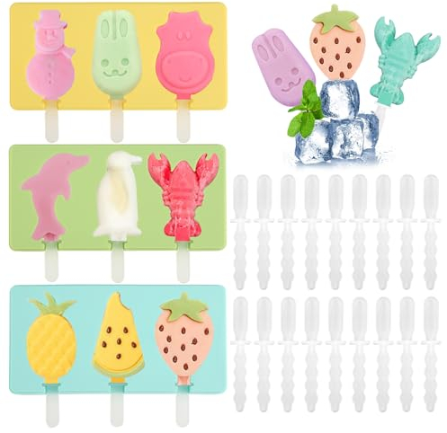 3 Stück Eisformen Eis Am Stiel, Silikon Eisformen mit 18 Eisstiele, Eis Am Stiel Formen Cakesicles Form mit Deckel, Ice Lolly Mold BPA Frei, Eis Form für Stieleis Wiederverwendbare Eisformen Kinder